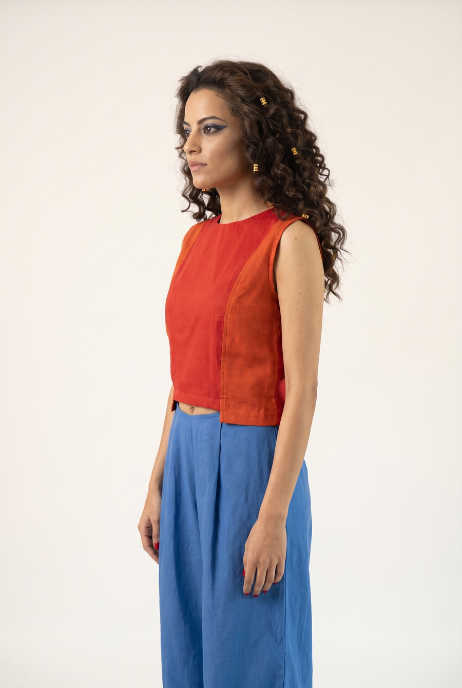 Red and orange linen top, side view