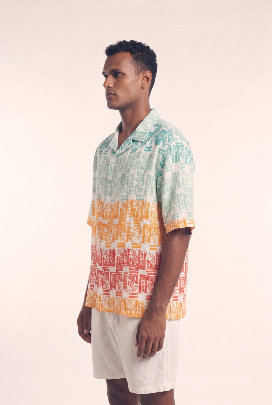 Blue Flow button-up shirt, alternate view showing the flowing drape.