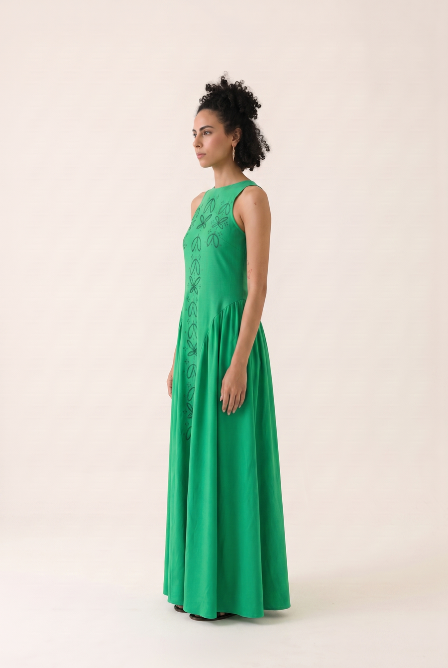 Green Branch maxi dress, alternate view showing the flowing silhouette.