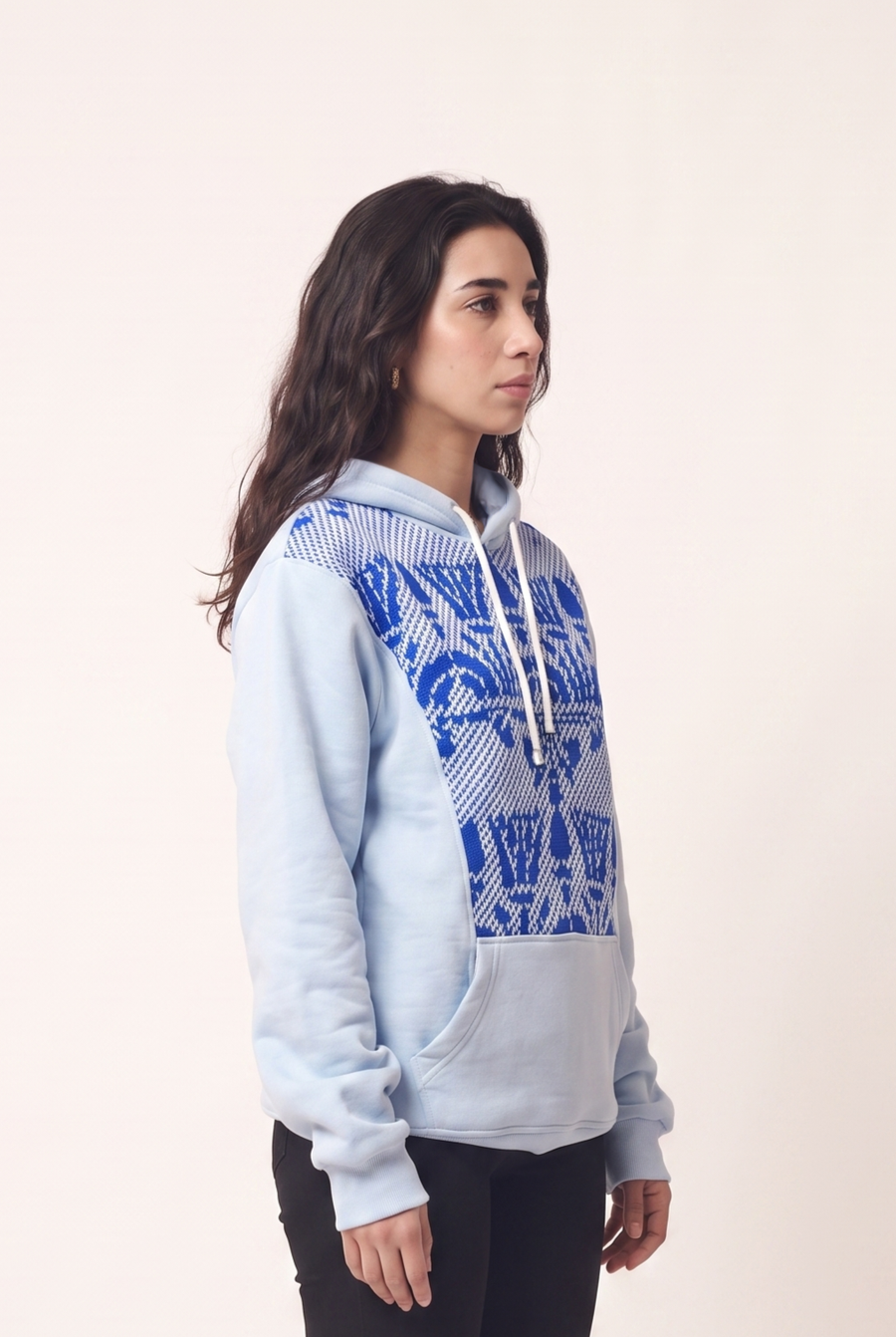White woven cotton hoodie, side view