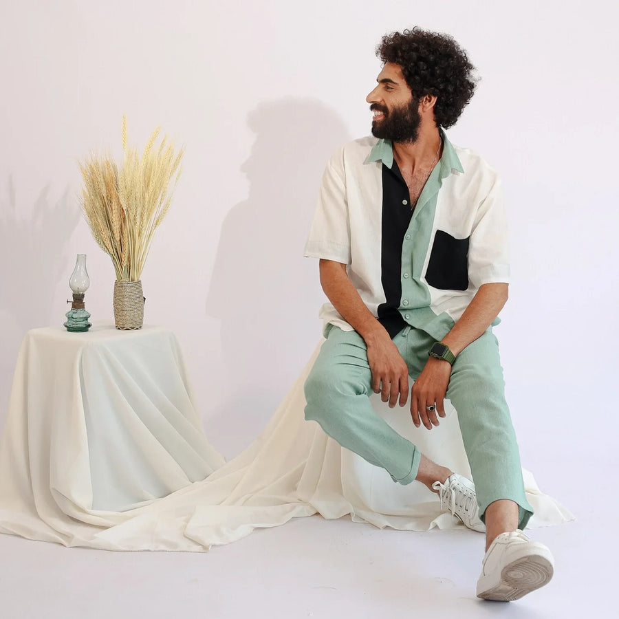 Mint green linen pants, close-up detail