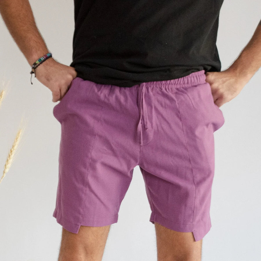 Purple linen shorts, side view detail