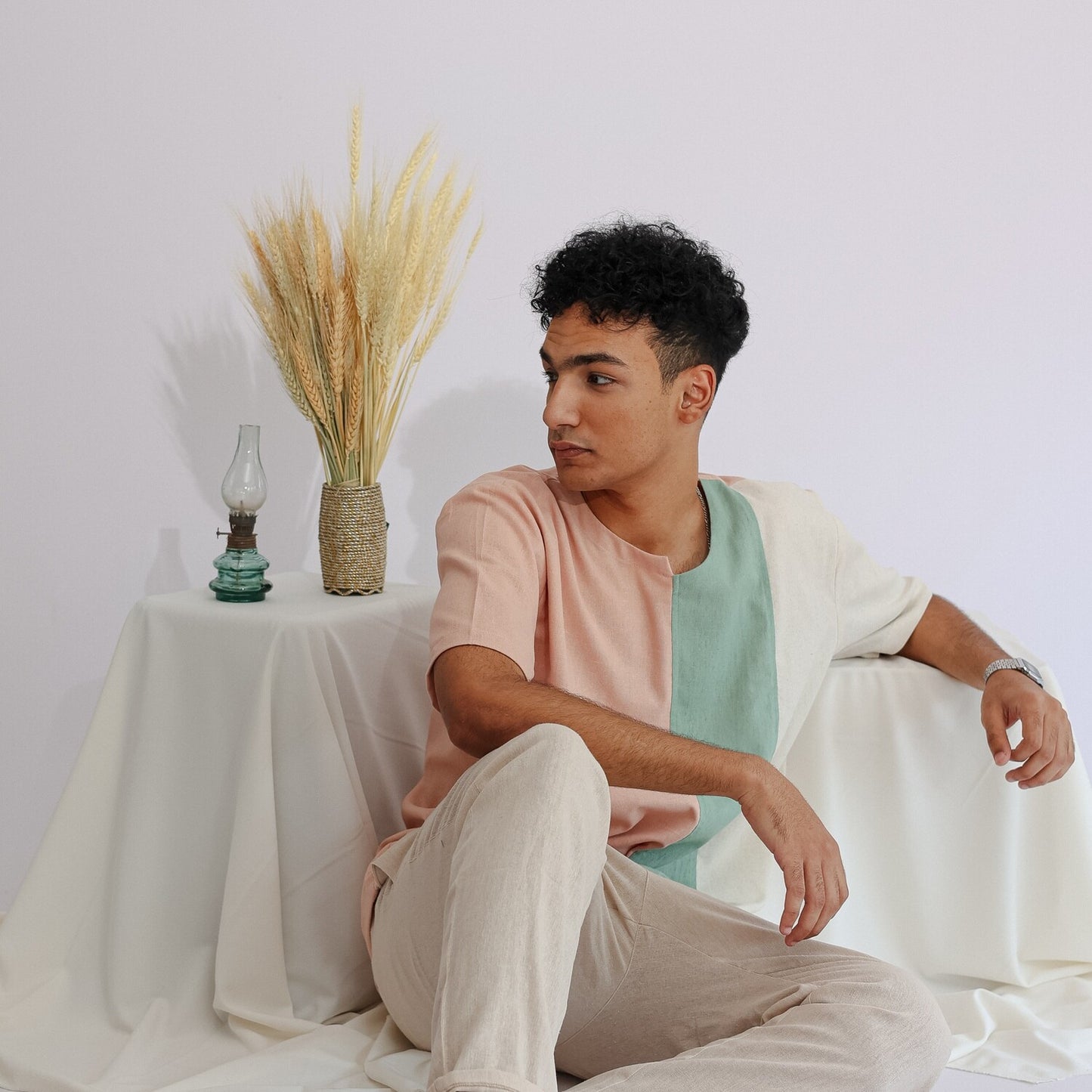 Men's Linen Tshirt (Beige/Mint Green/Simone)