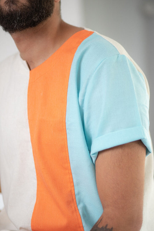 Men's Linen Tshirt (Beige/Orange/Light Blue)