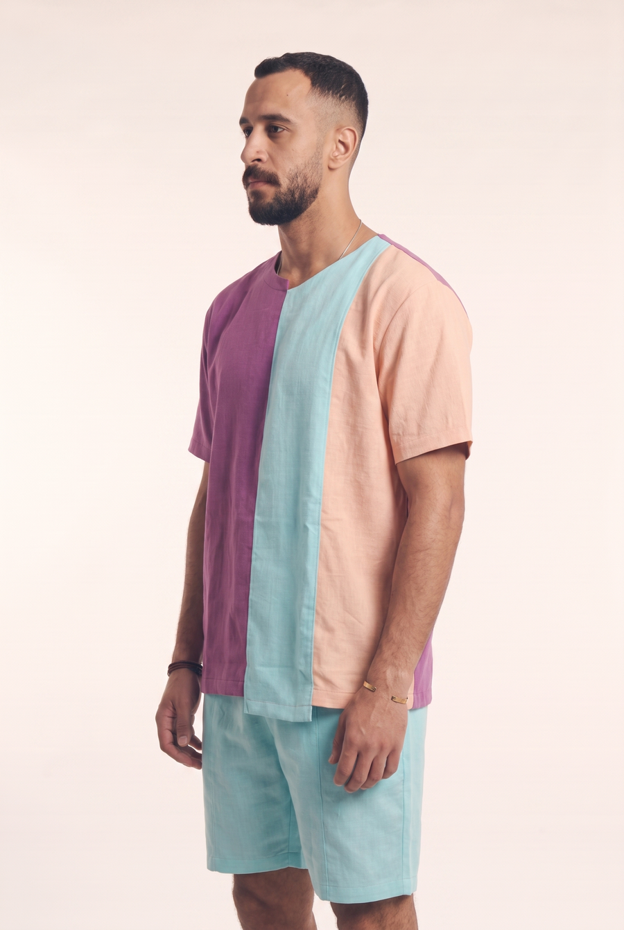 Purple, light blue and Simone linen tee, side flat lay
