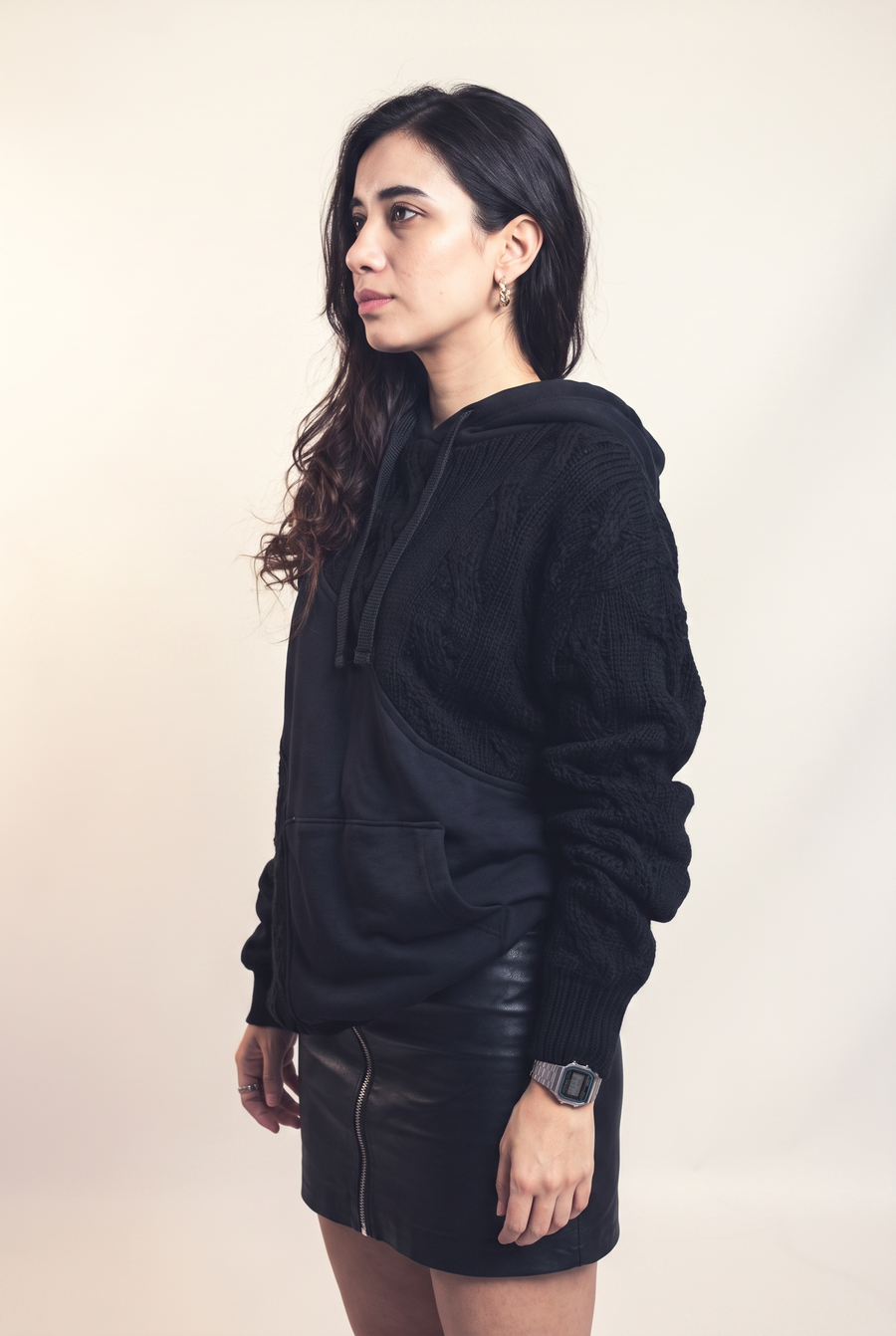 Mixed fabric hoodie, side view