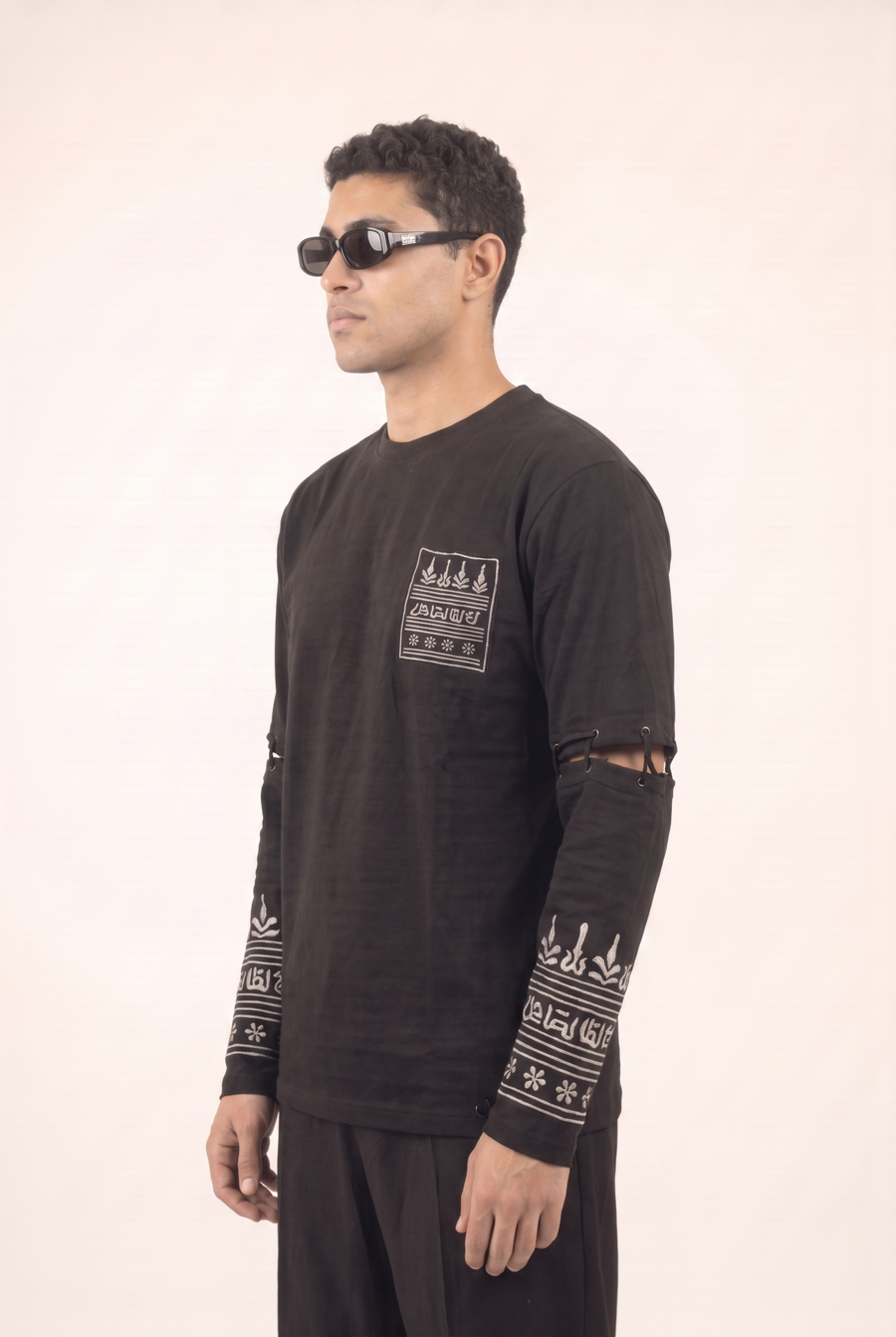 Silver Sleeves detachable sleeve shirt, side view highlighting the embroidered sleeve trim.