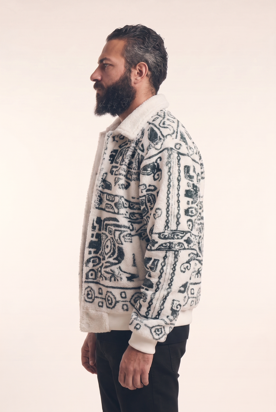 Fur jacket with Coptic pattern detailing, side view