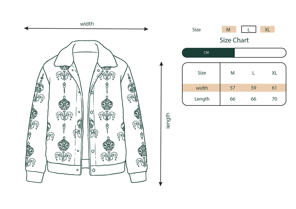 Size chart for the Black Jacket, Arabia Royalty Islamic embroidered fleece.