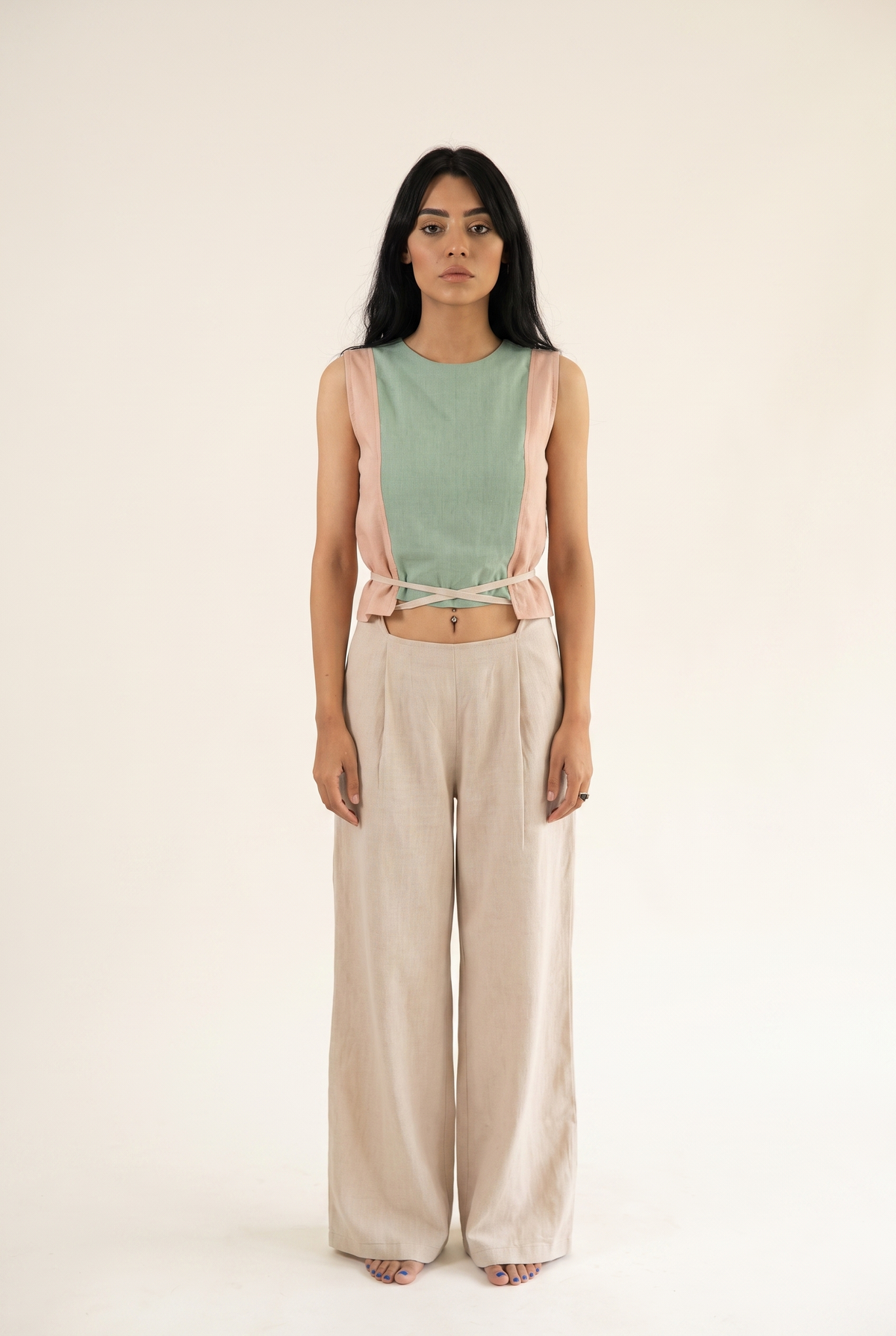 Beige and mint green linen top, front view