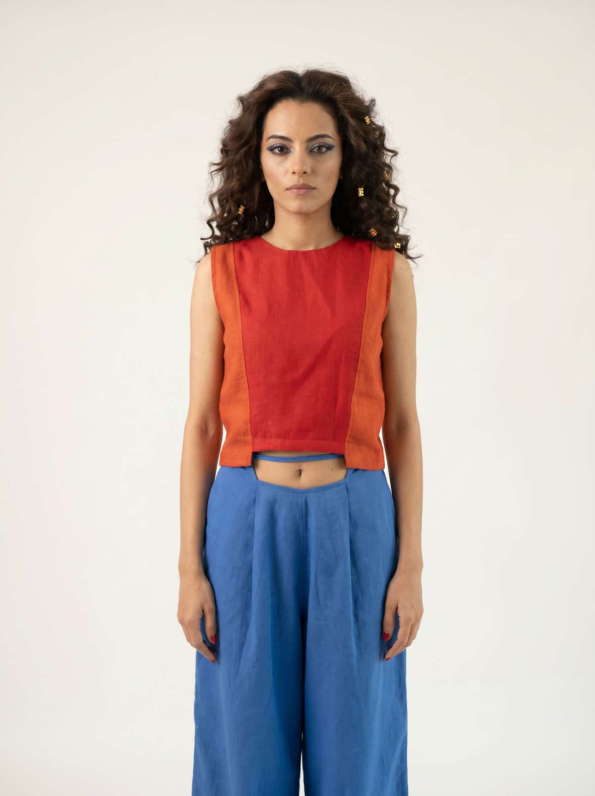 Red and orange linen top, front view