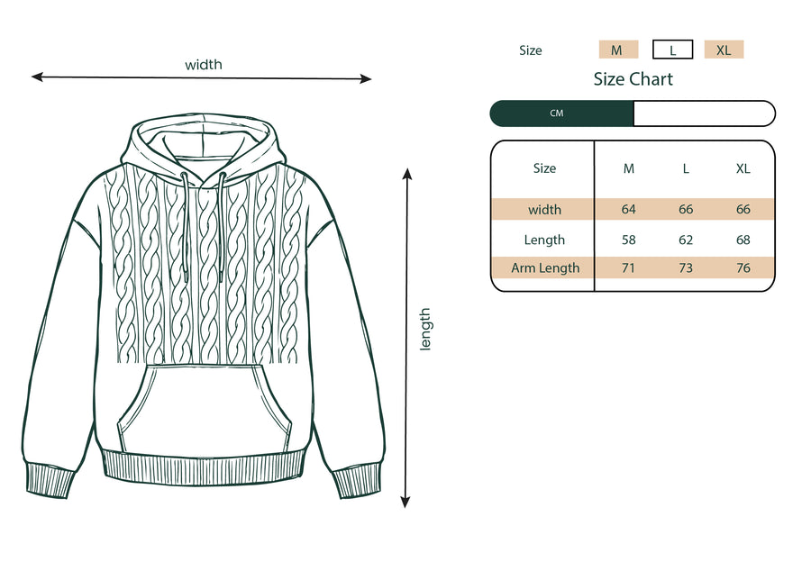 Size chart for the Braided White hoodie, measurements for sizes M to XL