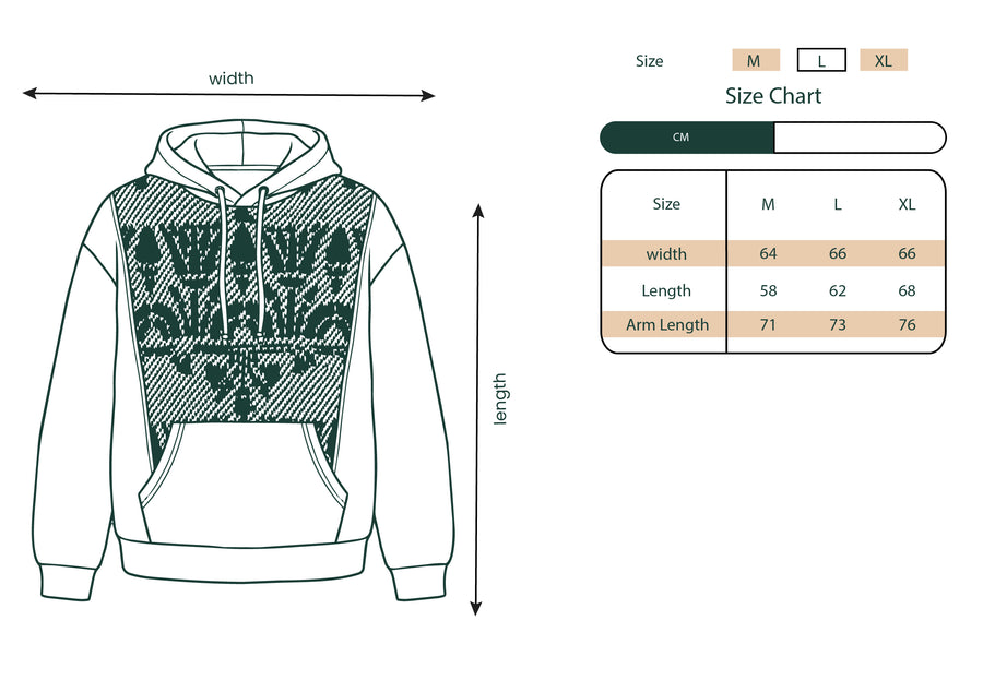 Size chart for the Lotus Sky hoodie, measurements for sizes M to XL