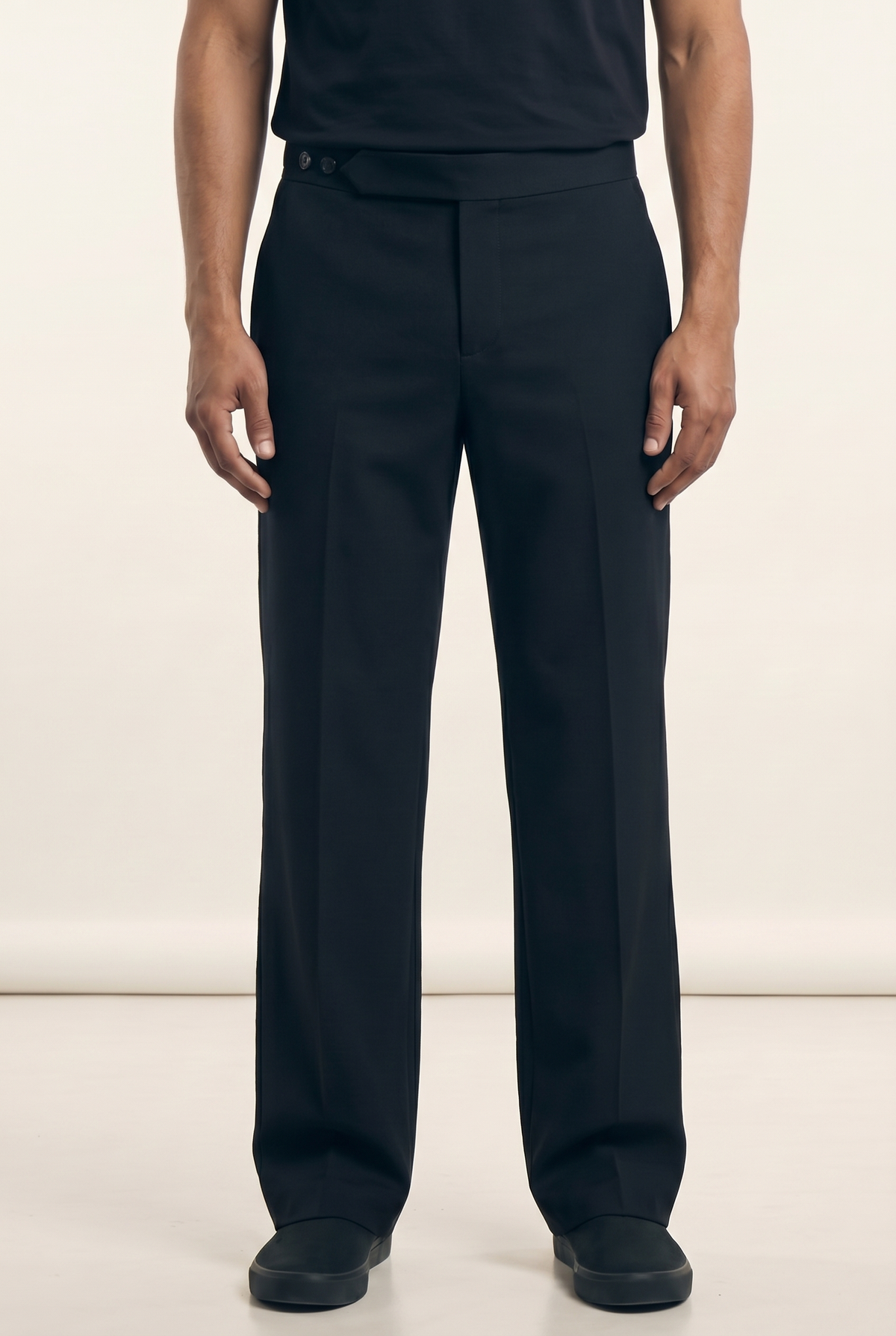 Black Big Day Button Trousers with straight-leg silhouette and extended double-button waistband, front view