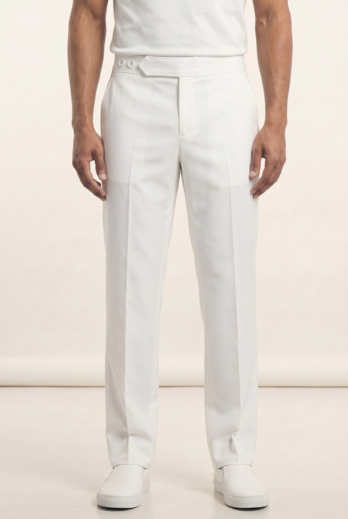 White Big Day Button Trousers with straight-leg silhouette and extended double-button waistband, front view