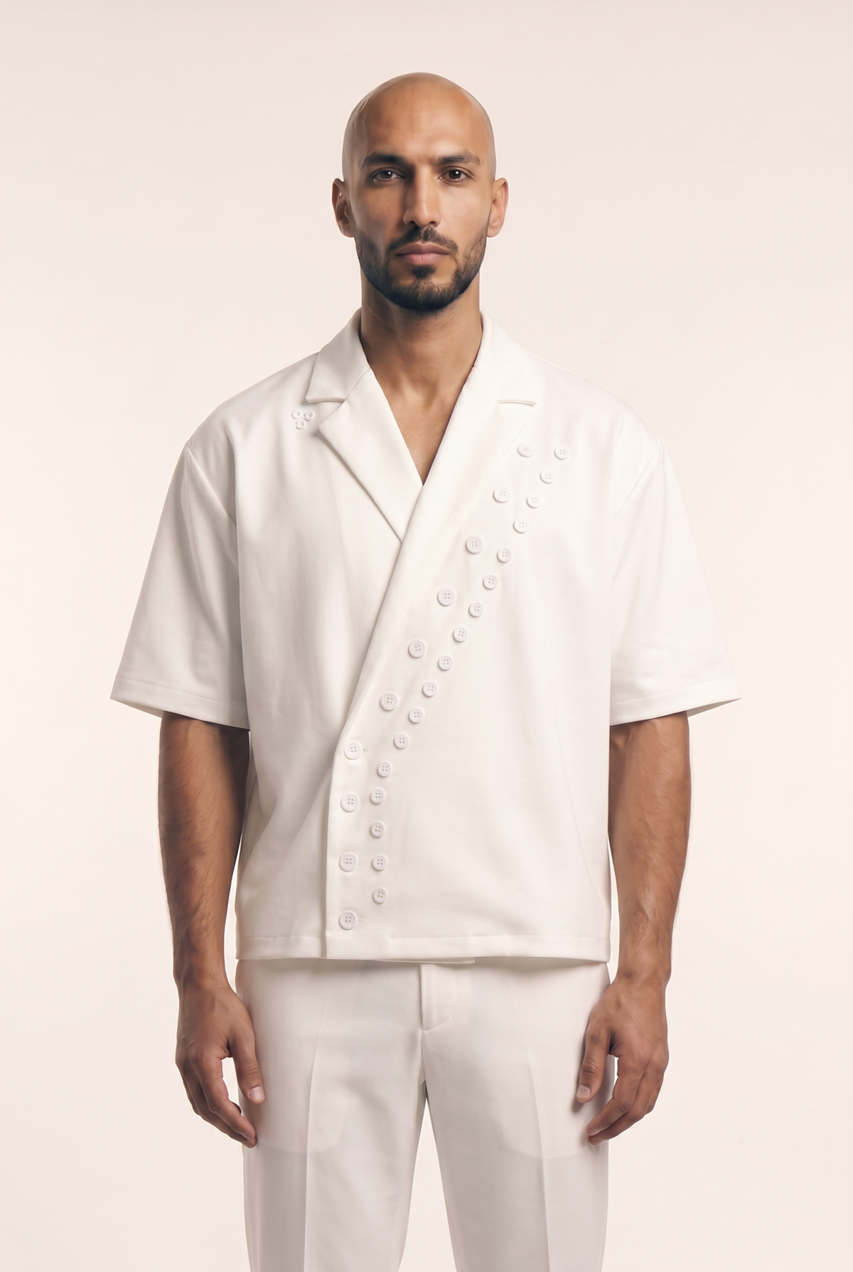 White Big Day Buttons Shirt with diagonal double-button wrap closure, front view