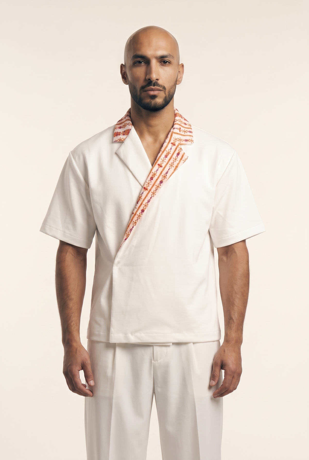 White Big Day Stitches Shirt with embroidered Siwan geometric lapel collar, front view
