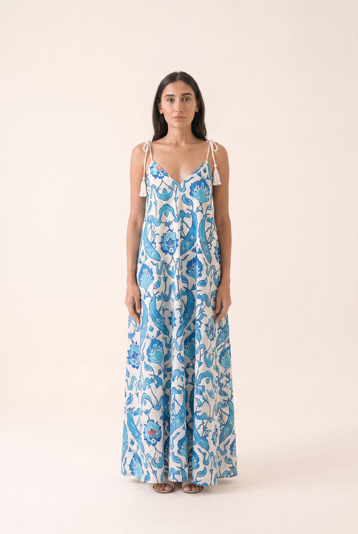 Blue floral patterned summer dress, front view