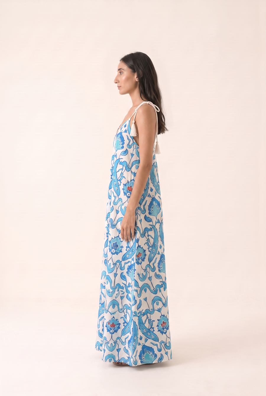Blue floral patterned summer dress, side view