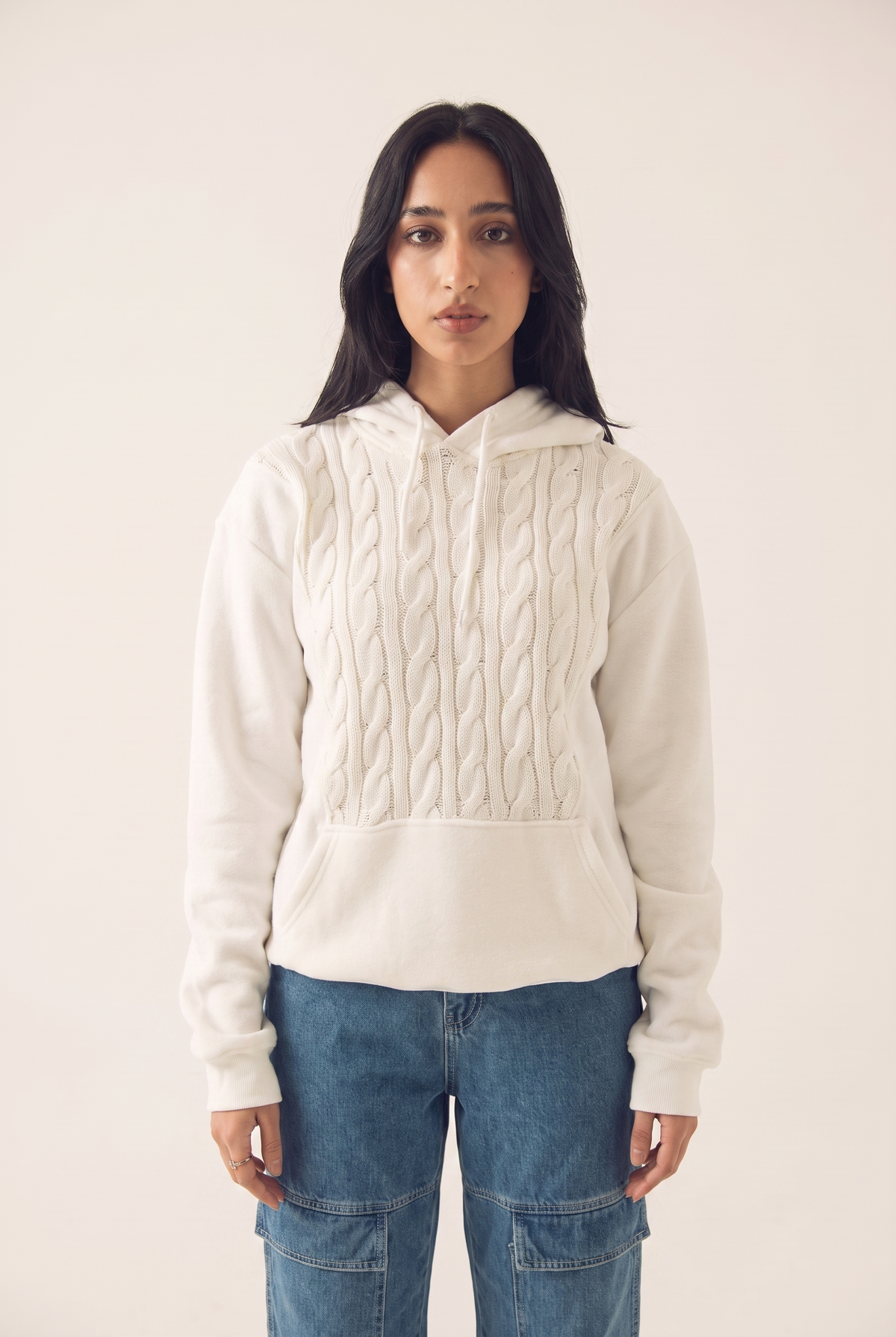White hoodie with braided detailing, front view