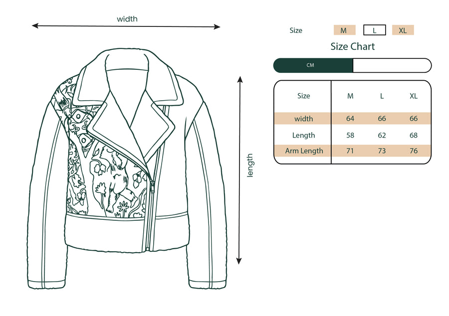 Size chart for the Tree of Angels fur jacket, measurements for sizes S to XL