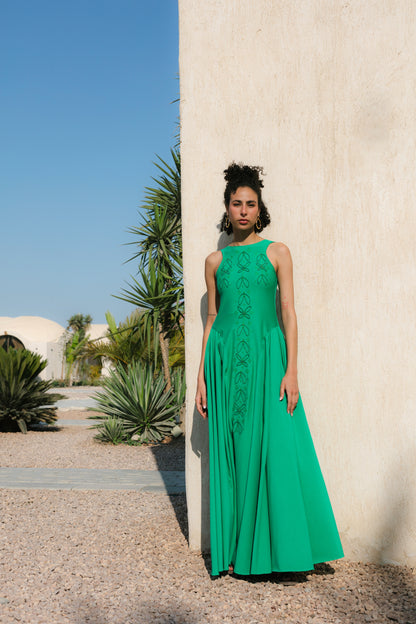 Green Branch Dress - nature-inspired maxi dress with botanical print on lilac