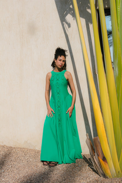 Green Branch Dress detail - delicate green branch design on flowing fabric