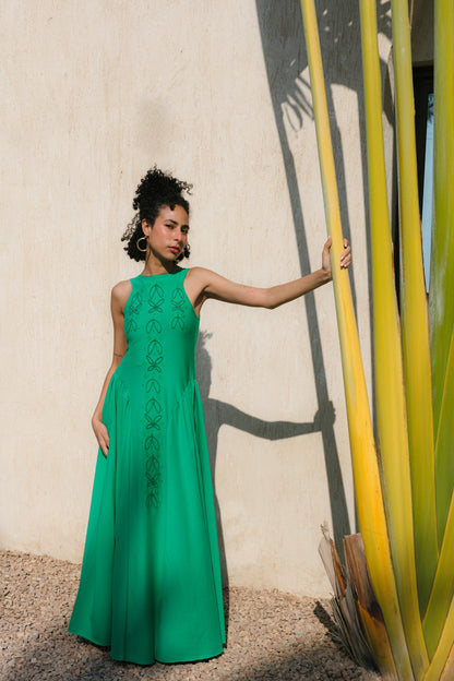 Green Branch Dress A-line silhouette - flattering maxi dress for summer events