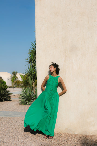 Green Branch Dress styling - elegant lilac maxi with nature-inspired embroidery