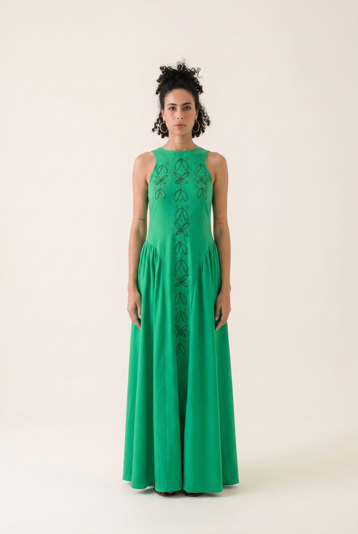 Green Branch maxi dress with botanical branch embroidery on lilac fabric, front view.