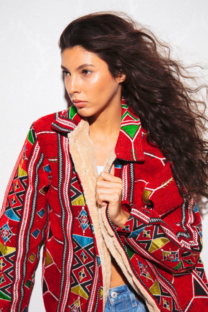 Nubié Flame Jacket - Red Nubian Rug Pattern Winter Outerwear
