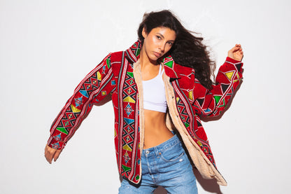 Nubié Flame Jacket - Red Nubian Rug Pattern Winter Outerwear