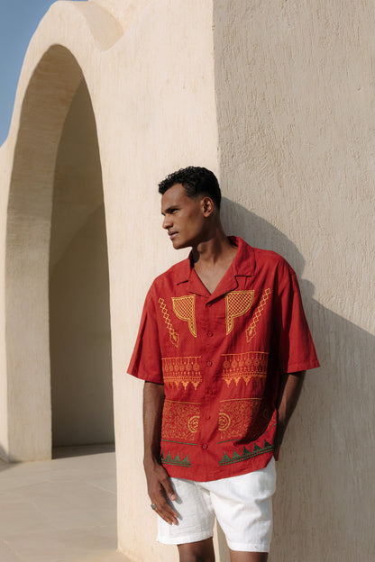 Maroon Nubian Button-up - heritage embroidered shirt with traditional motifs