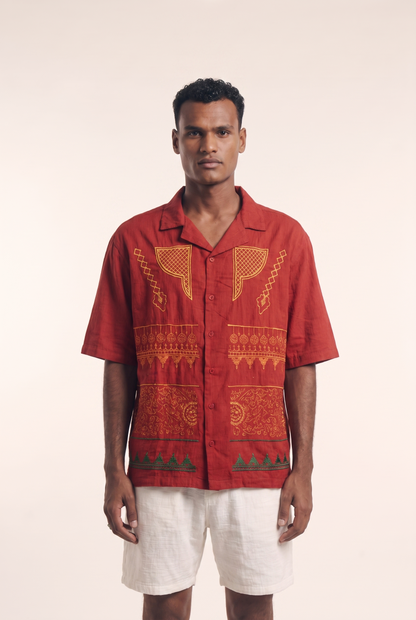 Maroon Nubian Button-up - Heritage Embroidered Shirt