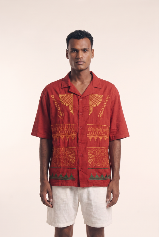 Maroon Nubian Button-up - Heritage Embroidered Shirt