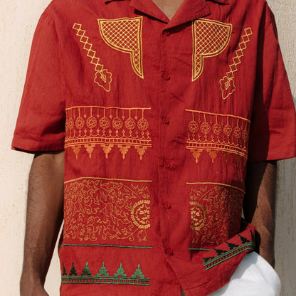 Maroon Nubian Button-up close-up - tailored fit with Nubian-inspired design