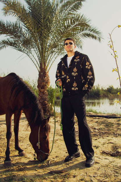 Black Jacket Arabia Royalty detail - Islamic art embroidered pattern