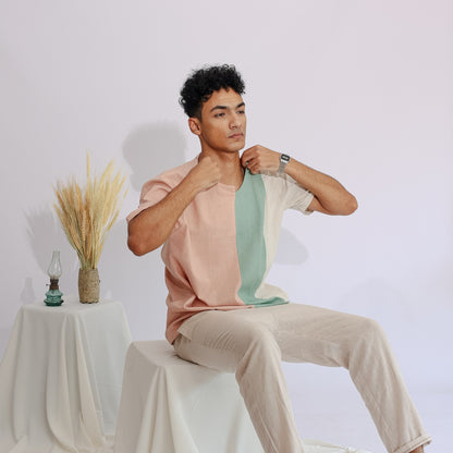 Men's Linen Tshirt (Beige/Mint Green/Simone)
