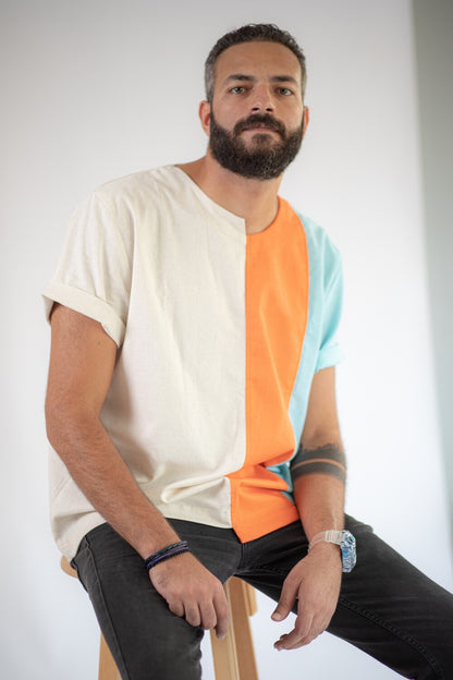 Men's Linen Tshirt (Beige/Orange/Light Blue)