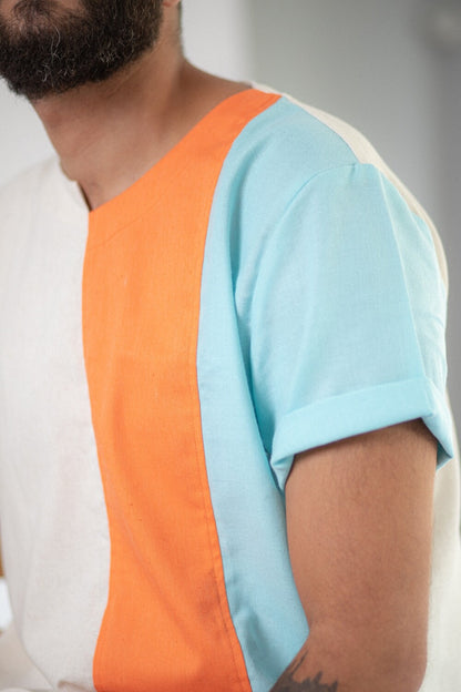 Men's Linen Tshirt (Beige/Orange/Light Blue)