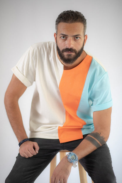 Men's Linen Tshirt (Beige/Orange/Light Blue)