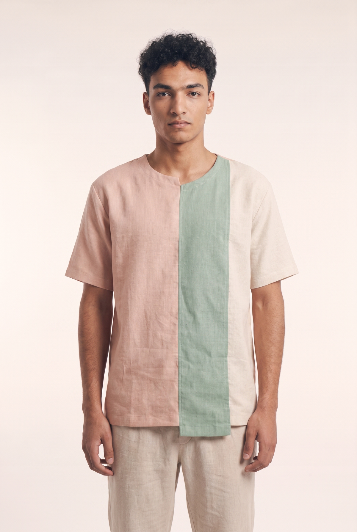 Beige, mint green and Simone linen tee, front flat lay