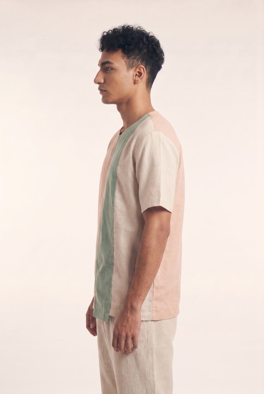 Beige, mint green and Simone linen tee, side flat lay