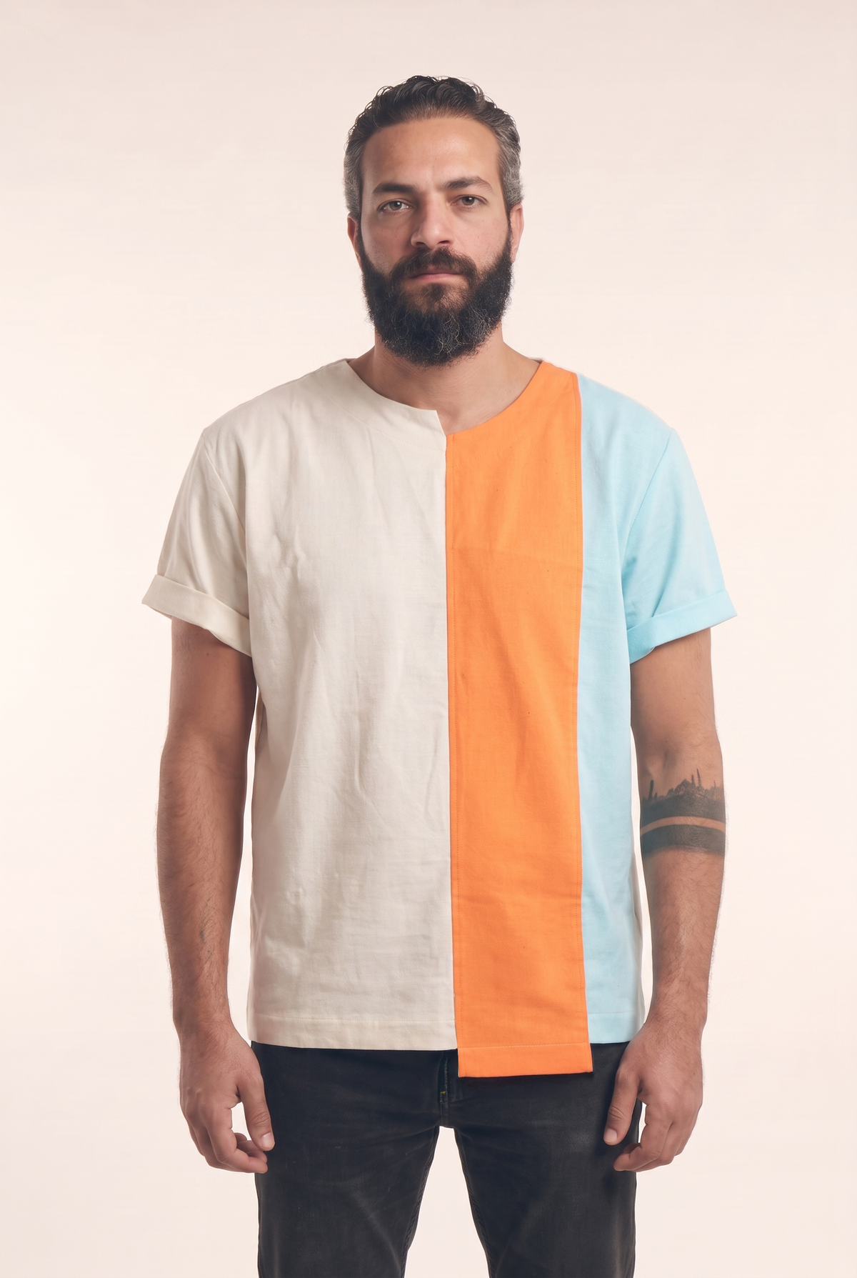 Beige, orange and light blue linen tee, front flat lay