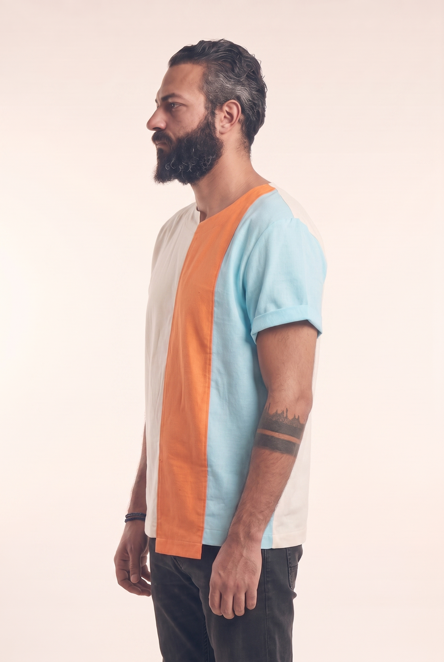 Beige, orange and light blue linen tee, side flat lay