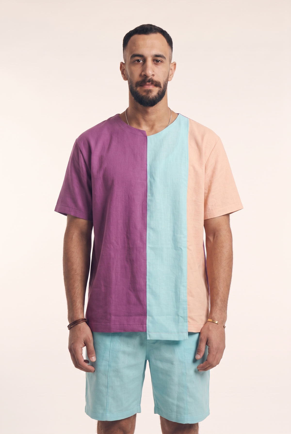 Purple, light blue and Simone linen tee, front flat lay