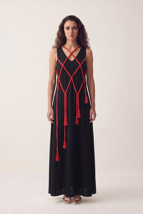 Night Bride Dress in black Egyptian cotton with a braided red rope harness crossing the bodice, front view