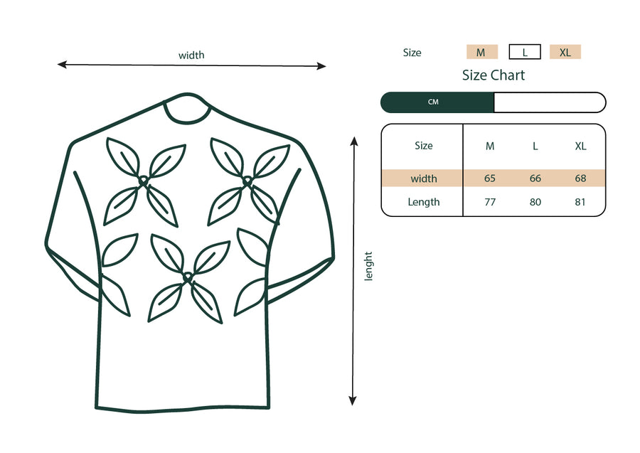 Size chart showing garment measurements for the Olive Branch T-shirt.
