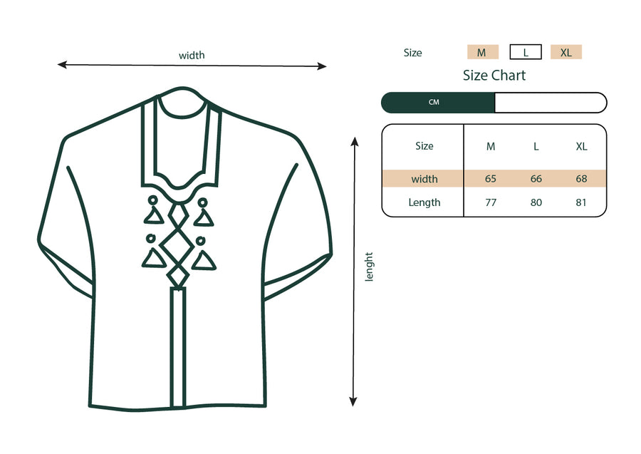 Size chart showing garment measurements for the Blue Necklace T-shirt.