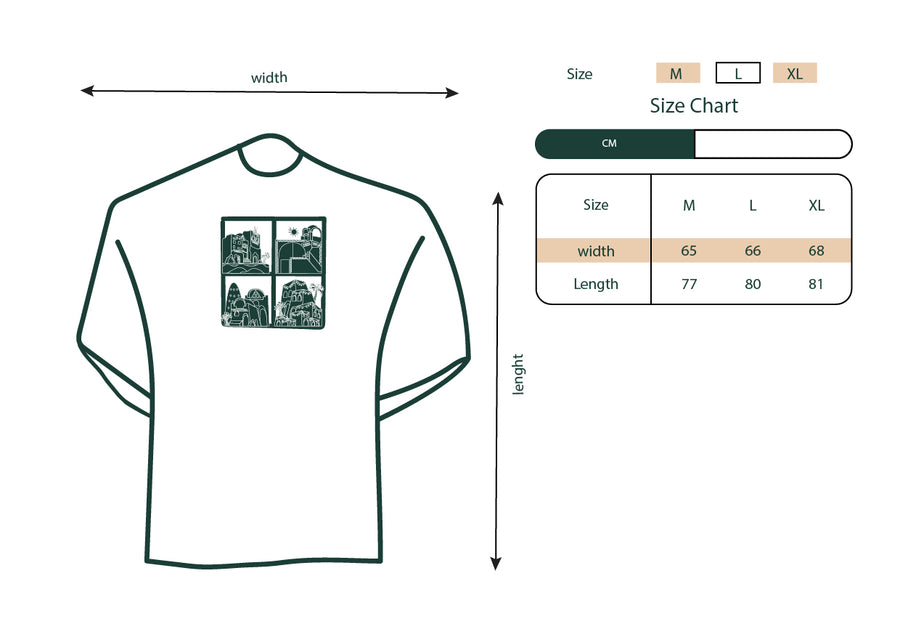 Size chart showing garment measurements for the Green Houses T-shirt.
